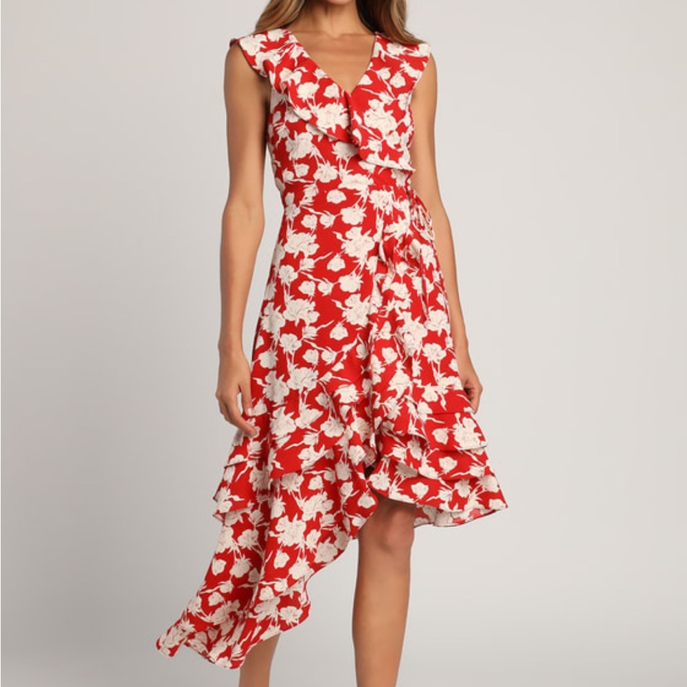 Lulus All the Lovely Days Red Floral Print Asymmetrical Wrap Dress 🌹